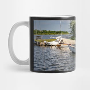 Boats moored on Hickling Broad in the Norfolk Broads National Park Mug